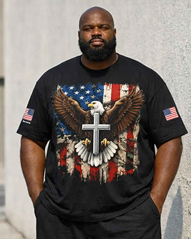 Big & Tall Men's American Flag Cross Eagle Print Crewneck Short Sleeve T-Shirt Shorts Set sold by Biggmans product image thumbnail 2