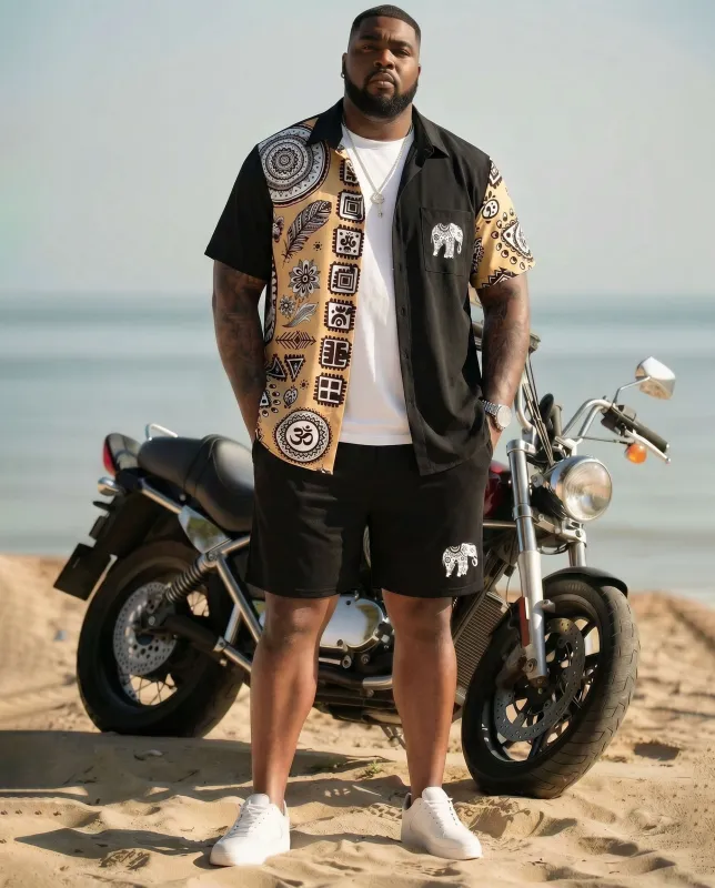 Big & Tall Men's Ethnic Pattern Vacation Leisure Hawaiian Black Short Sleeve Cardigan Shirt Shorts Set made by Biggmans