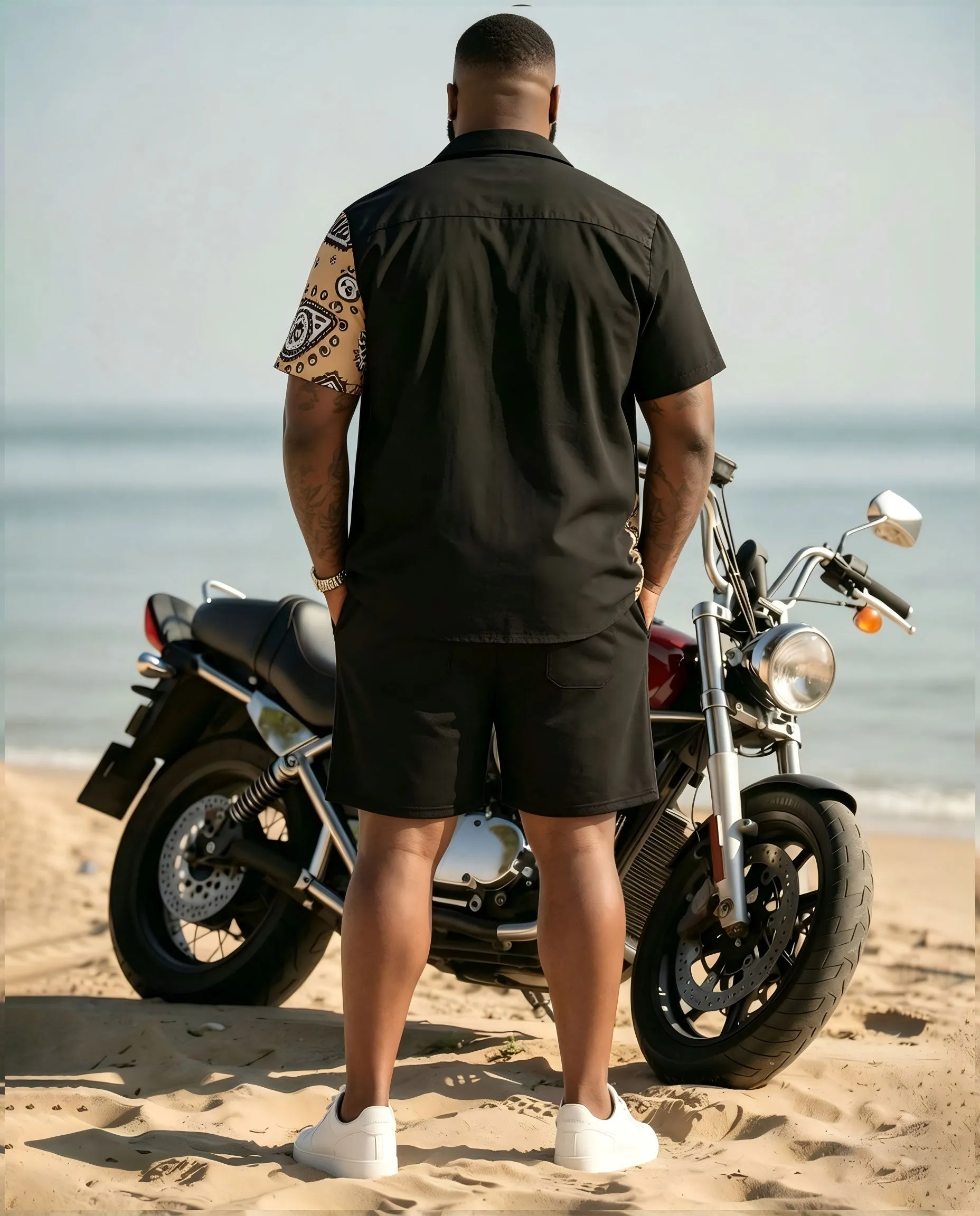 Big & Tall Men's Ethnic Pattern Vacation Leisure Hawaiian Black Short Sleeve Cardigan Shirt Shorts Set sold by Biggmans product image thumbnail 4