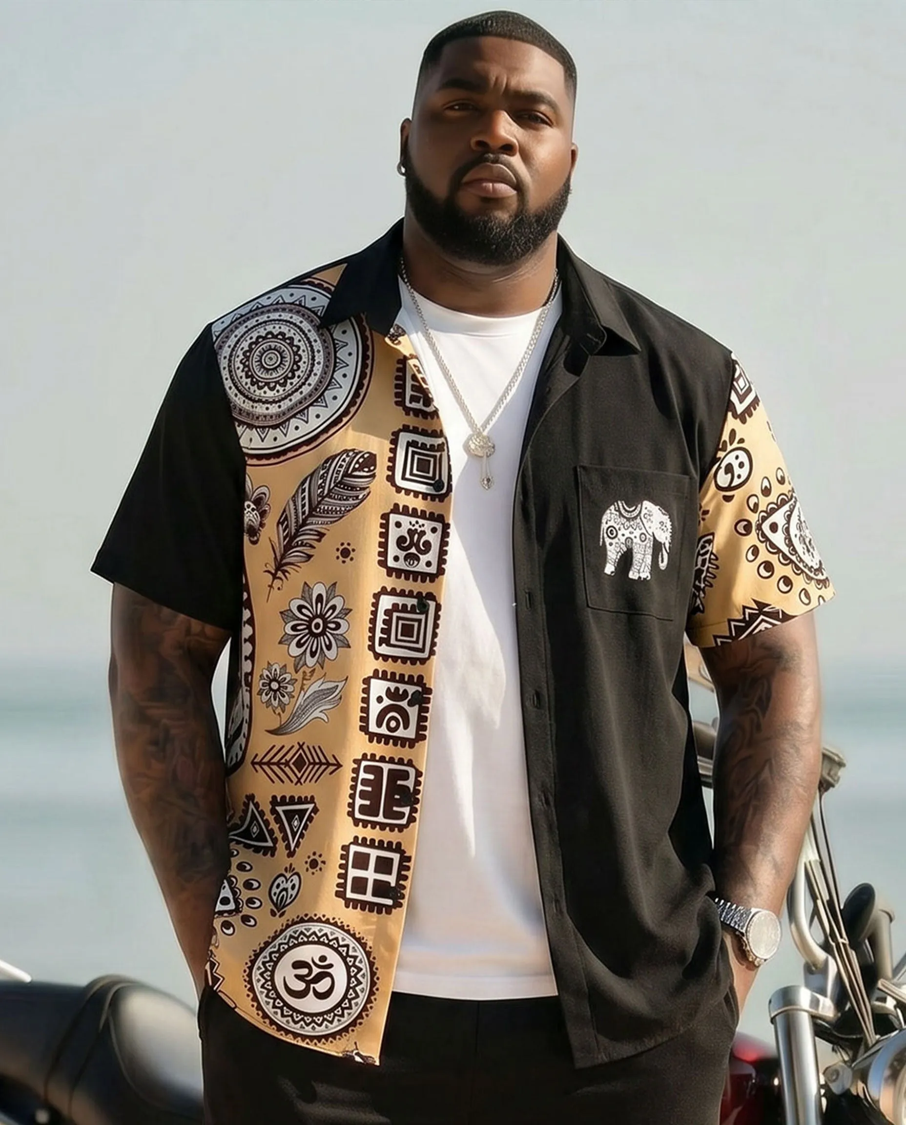 Big & Tall Men's Ethnic Pattern Vacation Leisure Hawaiian Black Short Sleeve Cardigan Shirt Shorts Set sold by Biggmans product image thumbnail 2