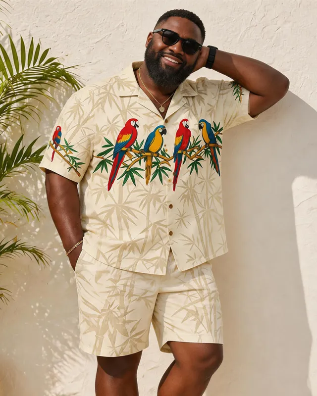 Big & Tall Men's Retro Parrot And Bamboo Print Short-Sleeve Shirt And Shorts Set made by Biggmans