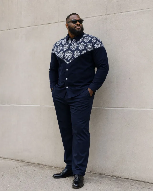 Big & Tall Men's Vintage Pattern Stitching Long Sleeve Shirt Trousers Suit made by Biggmans