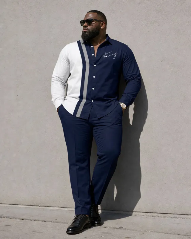 Big & Tall Men's Simple Contrast Color Stitching Business Leisure Travel Long Sleeve Shirt Pants Set made by Biggmans
