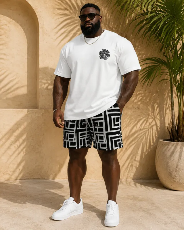 Big & Tall Men's Black And White Labyrinth Floral Print Round Neck Short Sleeve T-Shirt Shorts Set made by Biggmans