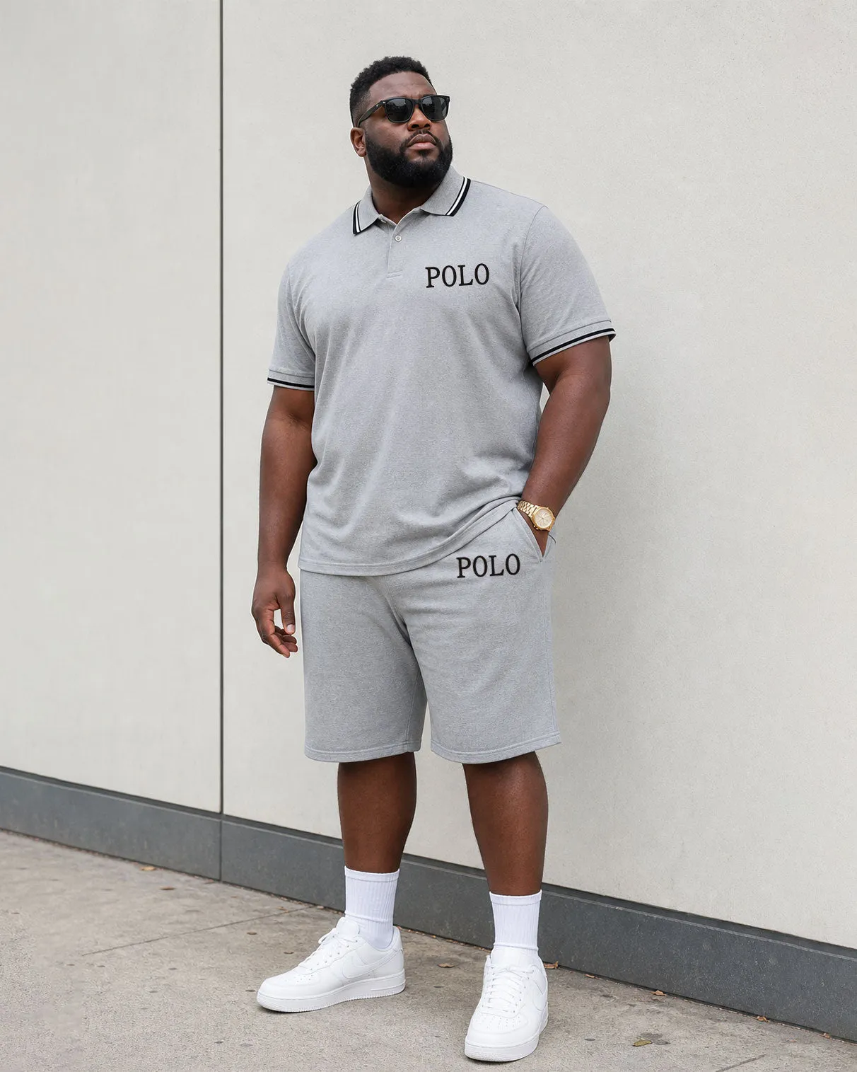 Big & Tall Men's Simple Leisure Travel Daily Vacation Grey Polo Shirt Short Sleeve Shorts Set sold by Biggmans