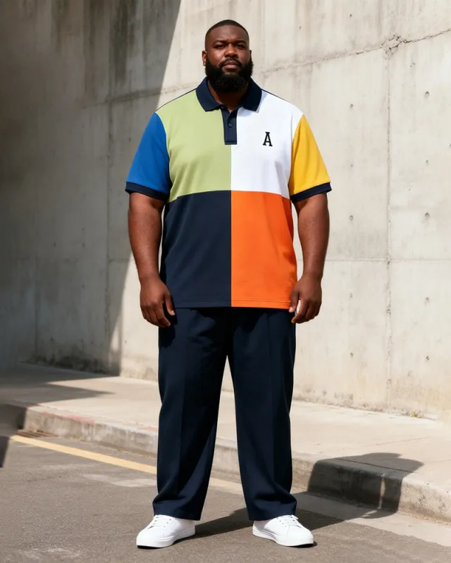 Big & Tall Men's Four-color Stitching A- Print Polo Short Sleeve Pants Set made by Biggmans