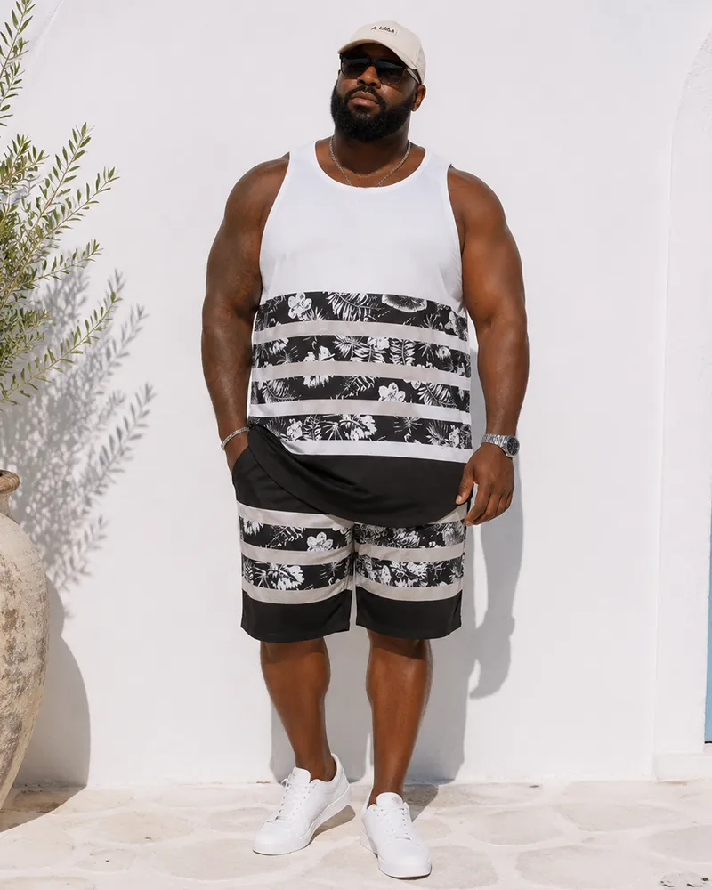 Big & Tall Men's Tropical Floral Stripe Print Tank Shorts Set sold by Biggmans