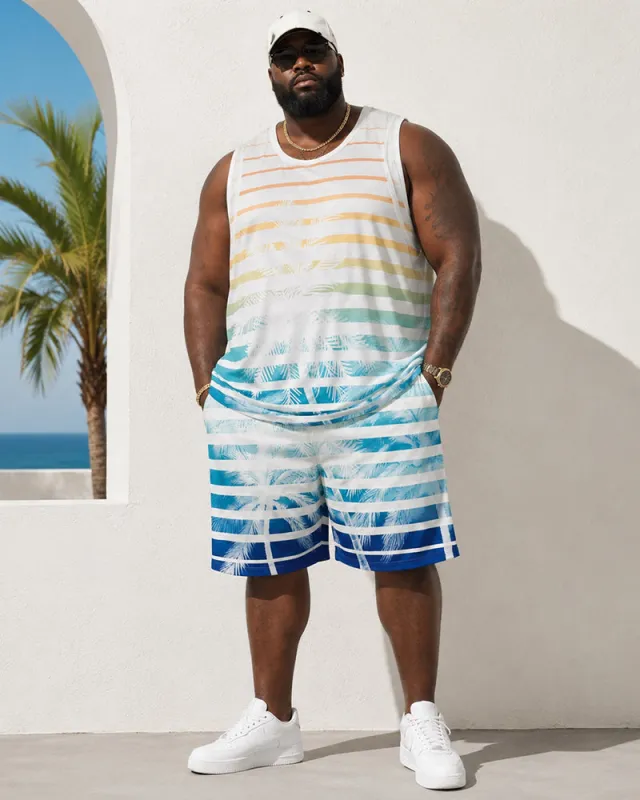 Big & Tall Men's Gradient Rainbow Stripe Coconut Print Tank Shorts Set made by Biggmans