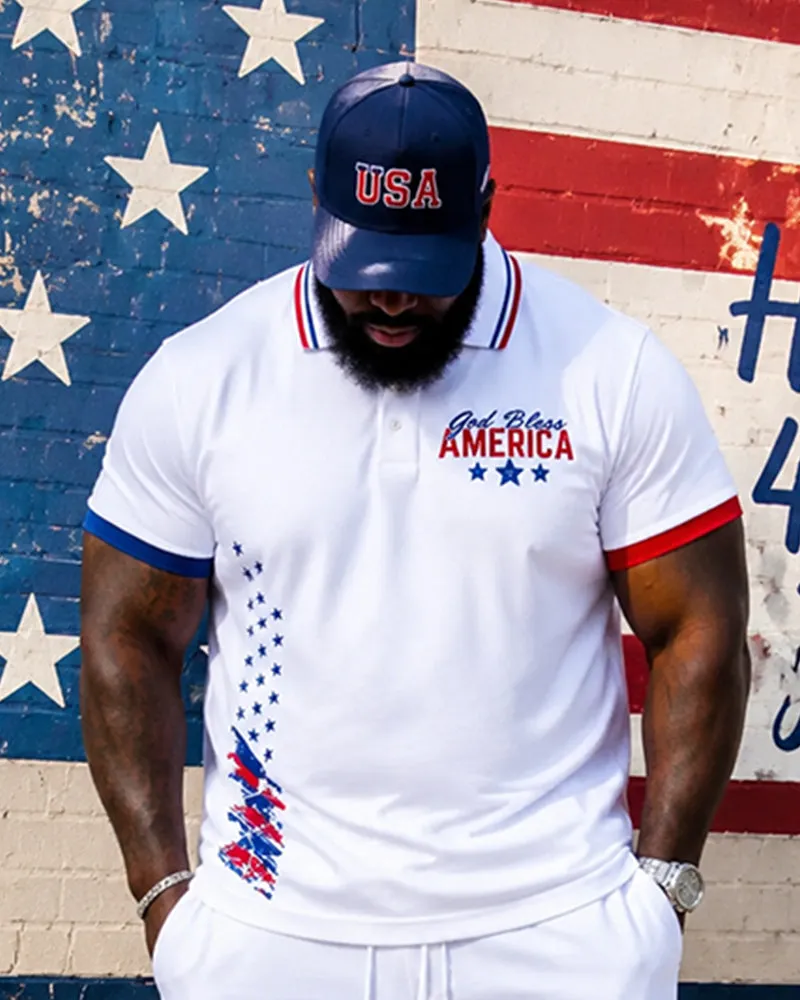 Big & Tall Men's God Bless America Letter Flag Print POLO Short Sleeve Shorts Set sold by Biggmans product image thumbnail 3