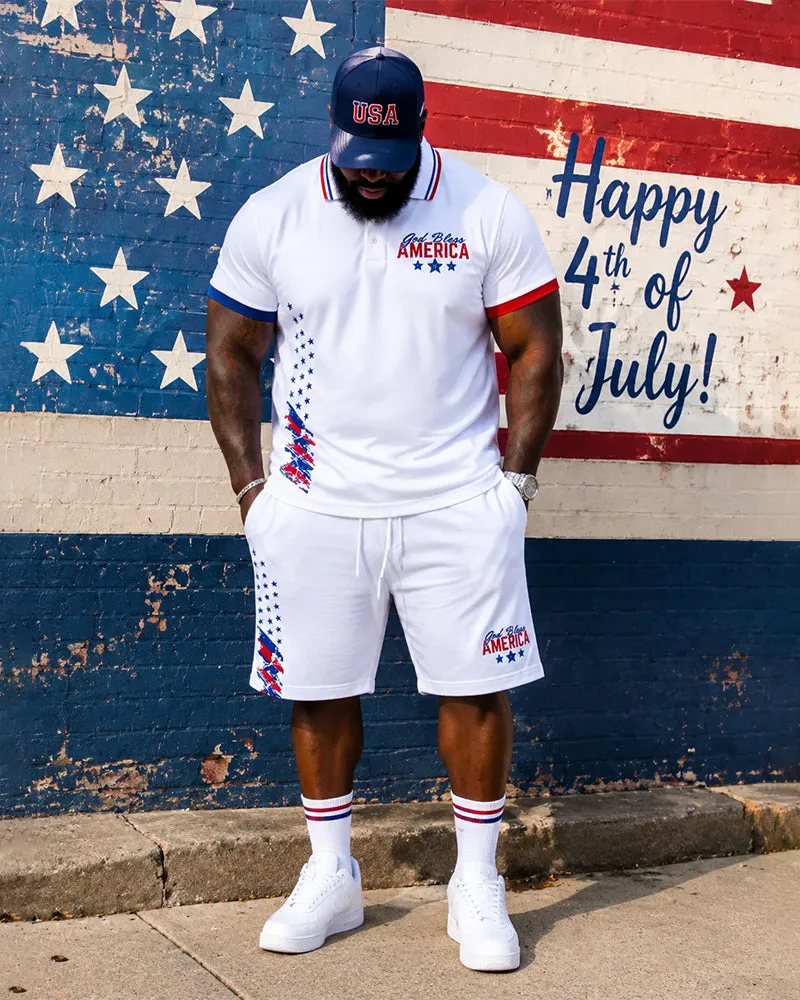 Big & Tall Men's God Bless America Letter Flag Print POLO Short Sleeve Shorts Set sold by Biggmans