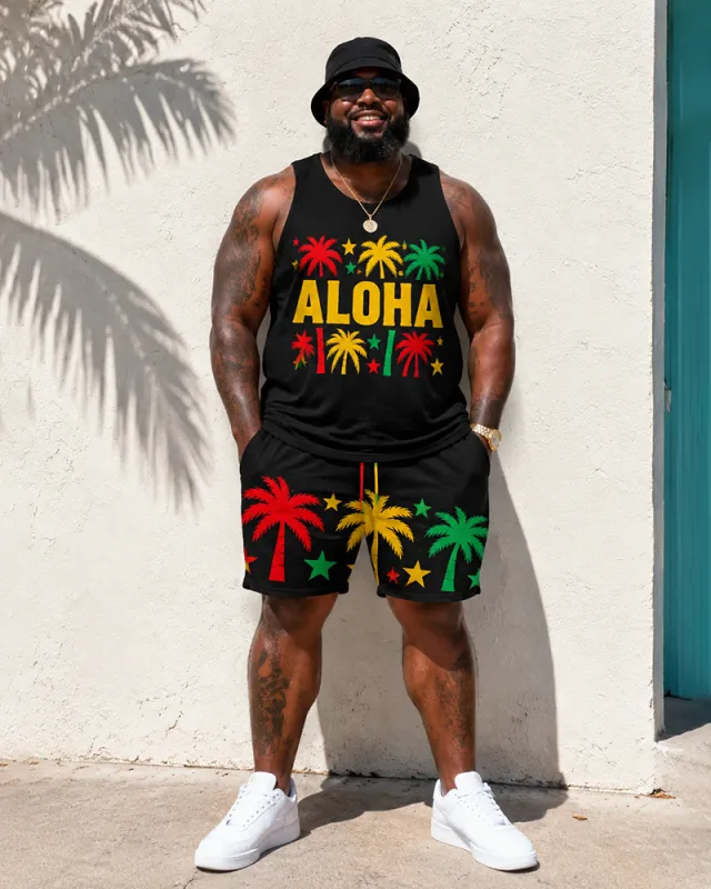 Big & Tall Men's Reggae ALOHA Alphabet Coconut Tree Star Print Tank Top Shorts Set made by Biggmans