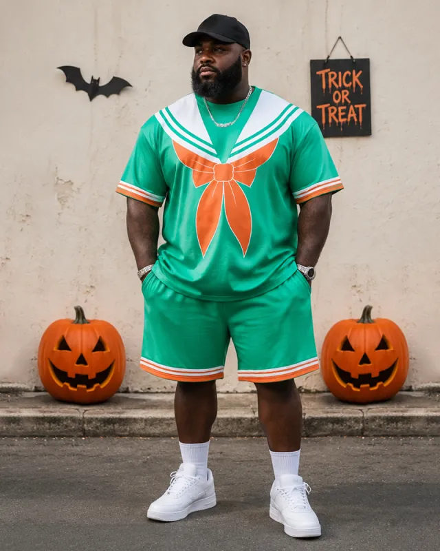 Big & Tall Men's Green Crewneck Bow Print Round Neck Short Sleeve T-Shirt Shorts Set made by Biggmans