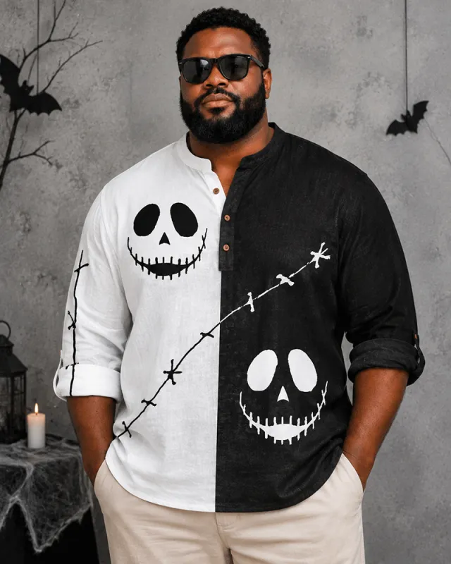 Big & Tall Men's Black And White Contrast Skull Print Collar Long Sleeve Shirt made by Biggmans