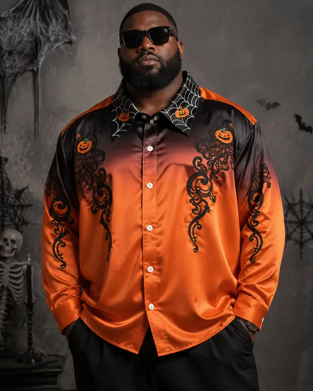 Big & Tall Men's Halloween Gradient Orange Black Pumpkin Print Long Sleeve Shirt made by Biggmans