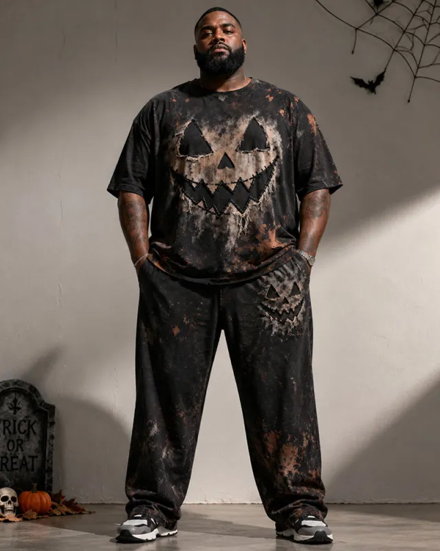 Big & Tall Men's Halloween Pumpkin Ghost Print T-Shirt Pants Set made by Biggmans