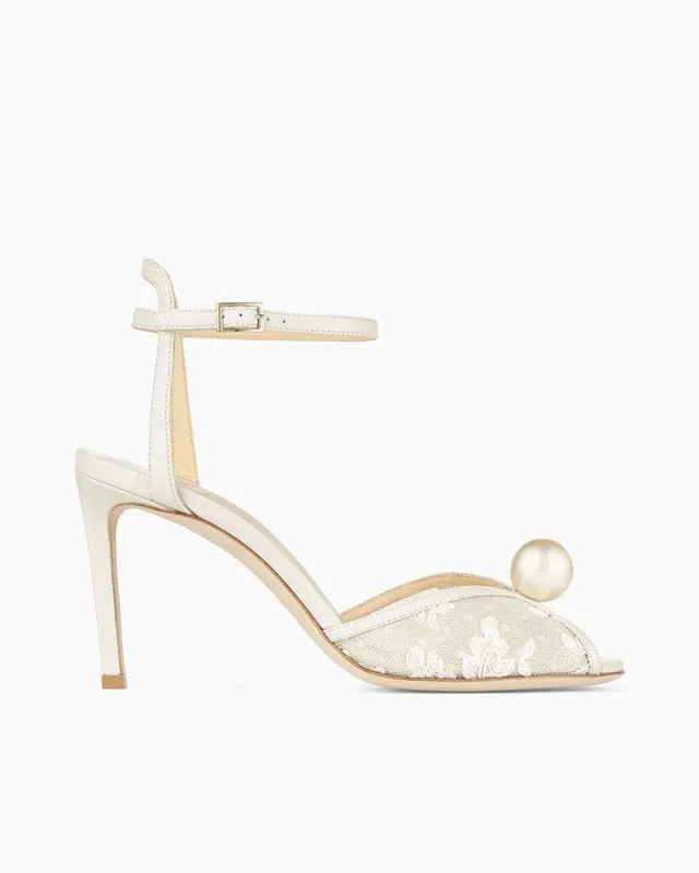 Ivory Floral Lace Sandal Heels with Pearl Detail sold by Larosa