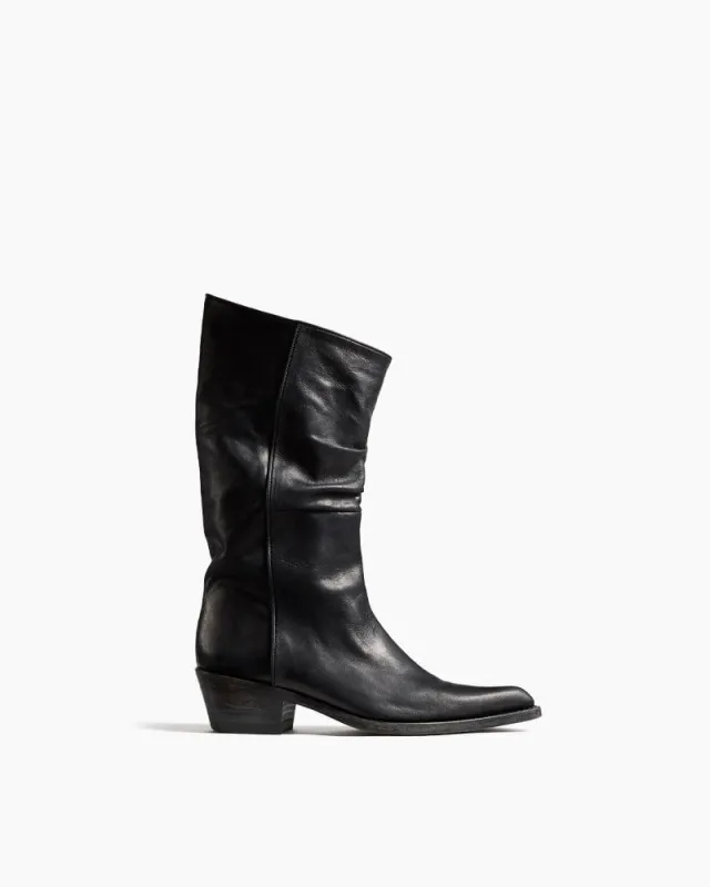 Mid-Calf Ruched Burnished Leather Clive Boots sold by Larosa