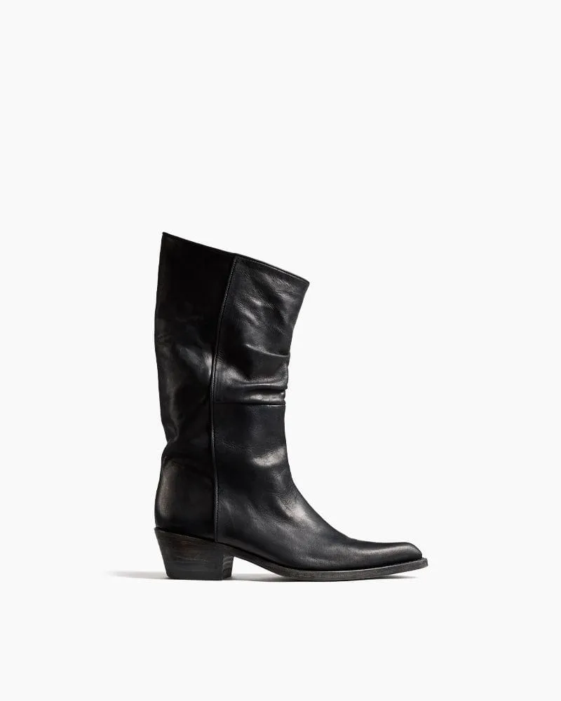 Mid-Calf Ruched Burnished Leather Clive Boots sold by Larosa
