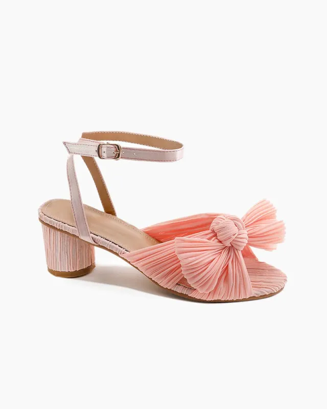 (Clean Up - US 7) Pleated Bow Open Toe Chunky Block Slingback Heel Sandals sold by Larosa