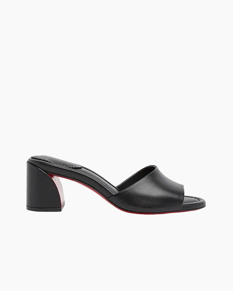 Black Leather Red Sole Block Heel Mule Sandals sold by Larosa
