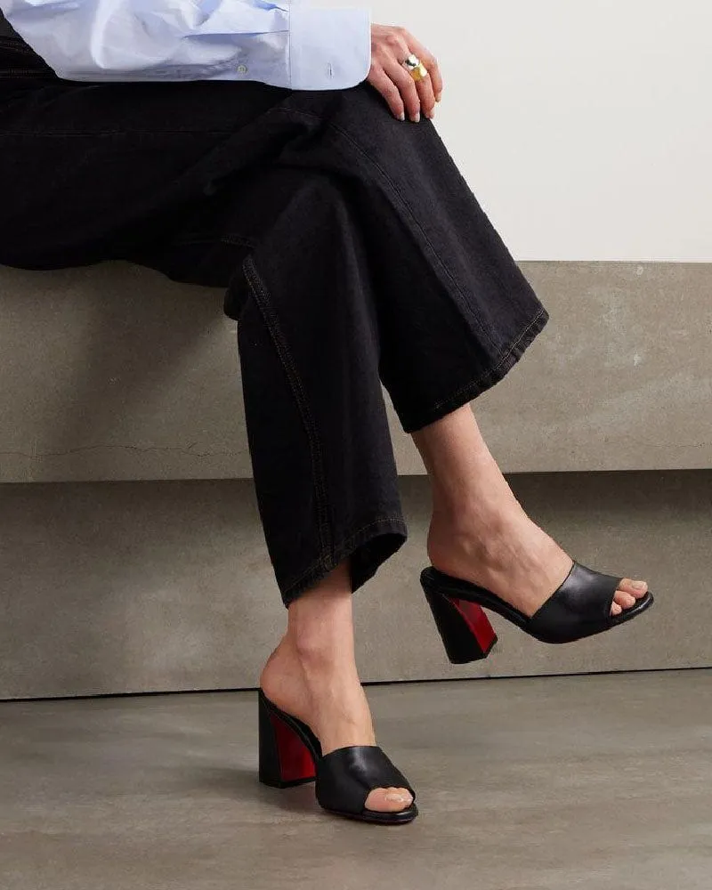 Black Leather Red Sole Block Heel Mule Sandals sold by Larosa product image thumbnail 5