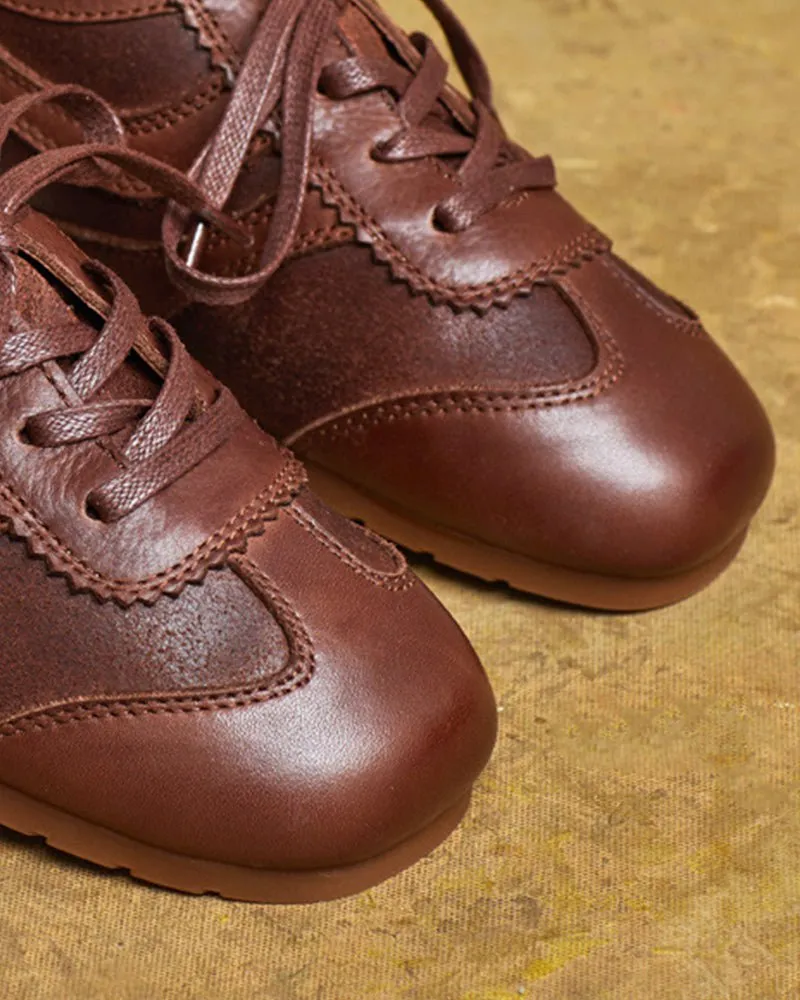 Retro Brown Nappa Leather Vintage Lace-Up Sneakers sold by Larosa product image thumbnail 2