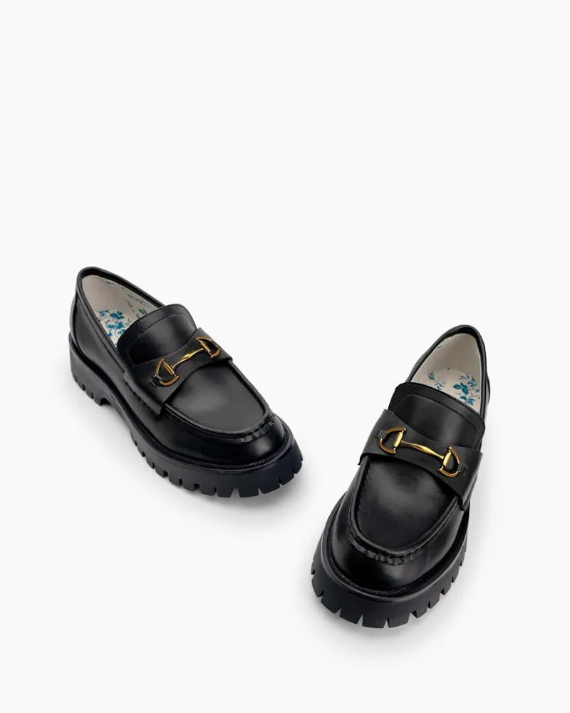 Classic Metal Buckle Bee Embroidery Platform Leather Loafers sold by Larosa product image thumbnail 5