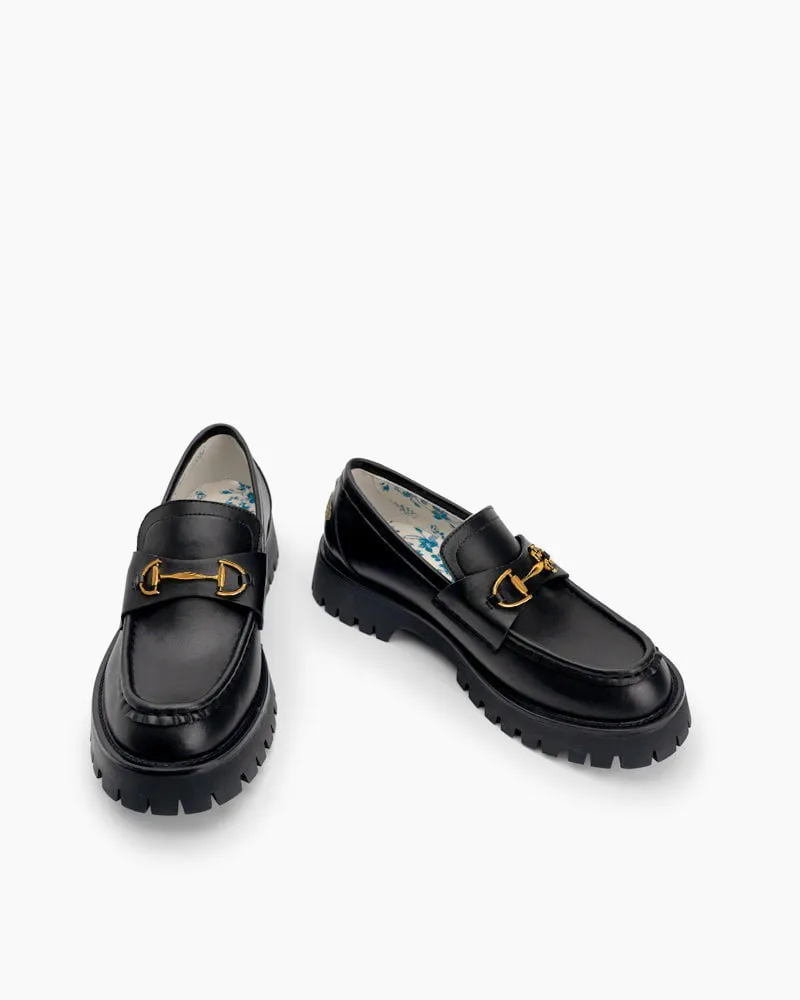 Classic Metal Buckle Bee Embroidery Platform Leather Loafers sold by Larosa product image thumbnail 4