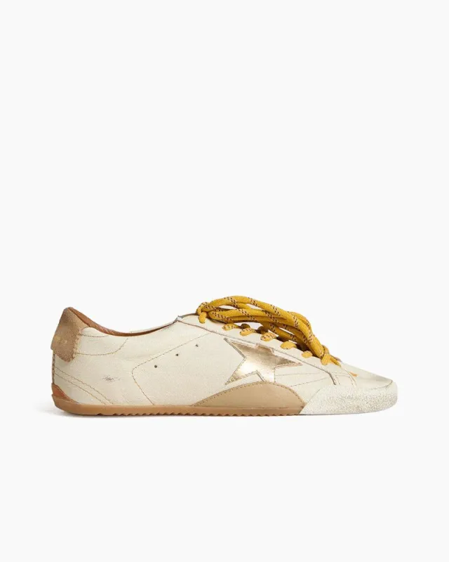 White Nappa Leather Sneakers with Gold Star and Beige Heel Tab sold by Larosa