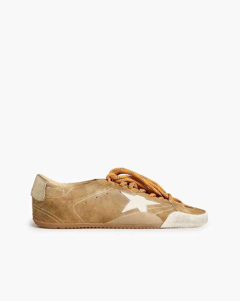 Tobacco Colored Suede Nappa Leather Sneakers with White Star and Gold Heel Tab sold by Larosa