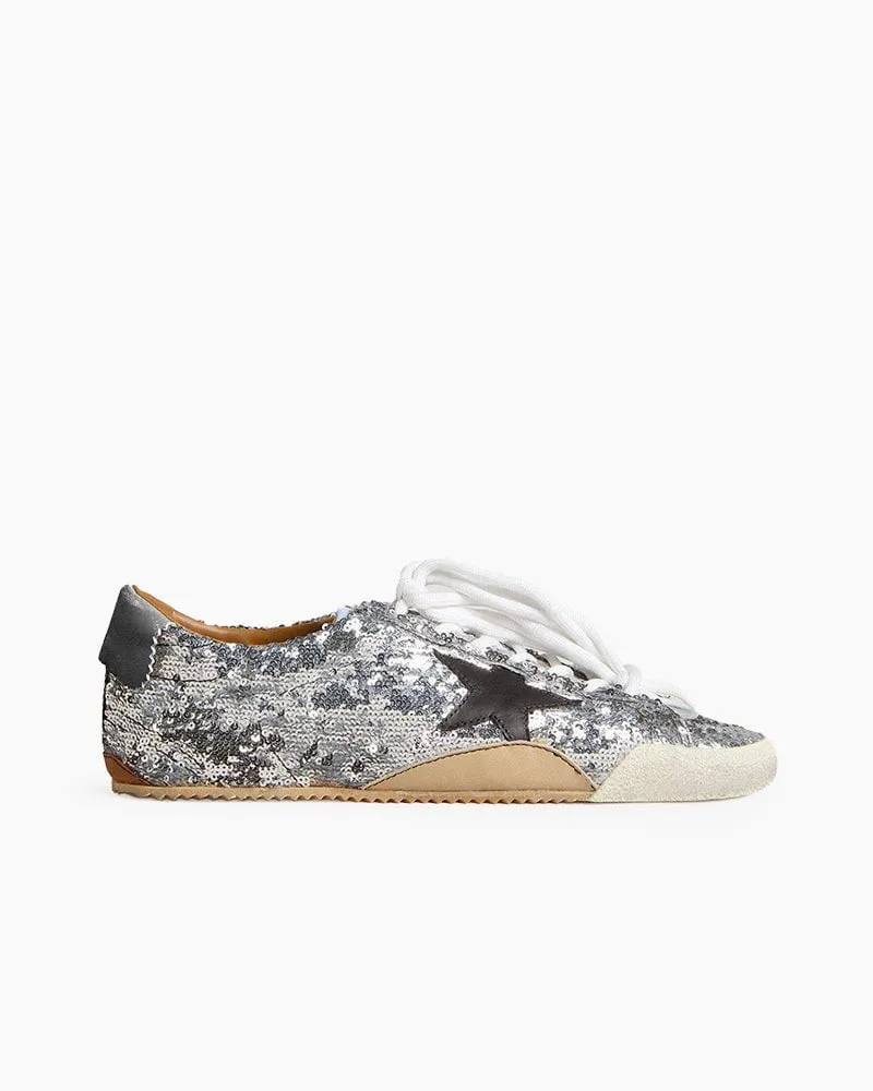 Silver Sequins Sneakers with Black Star and Beige Heel Tab sold by Larosa