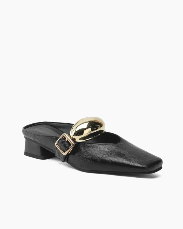 Bold Gold Oval Buckle Square Toe Flat Mules sold by Larosa