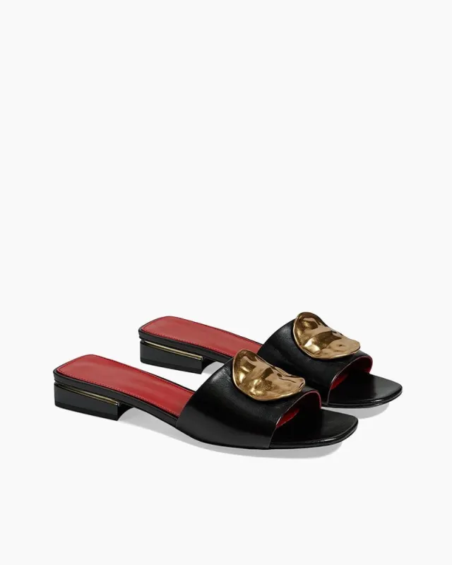 Gold Leaf Accent Black Flat Slide Sandals sold by Larosa