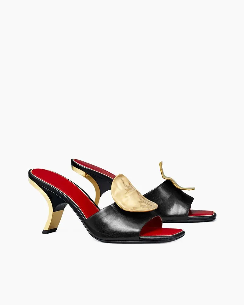 Gold Leaf Accent Sculpted Heel Leather Mules sold by Larosa