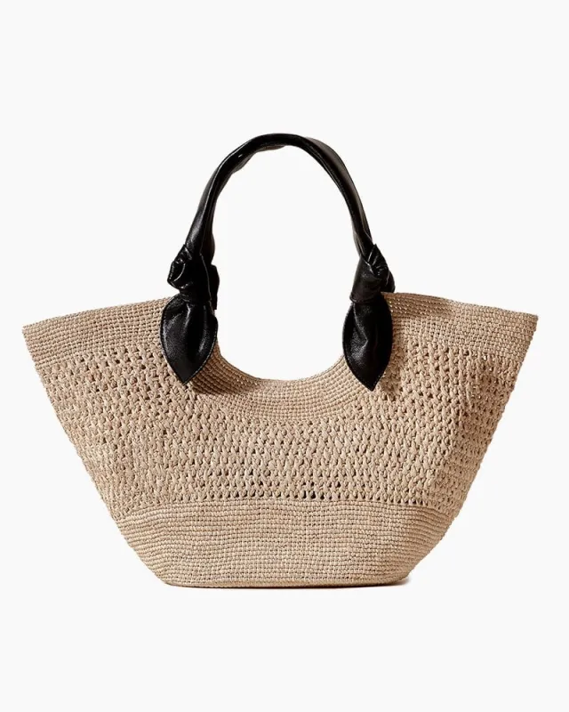 Knotted Leather Handles Woven Raffia Tote Bag sold by Larosa