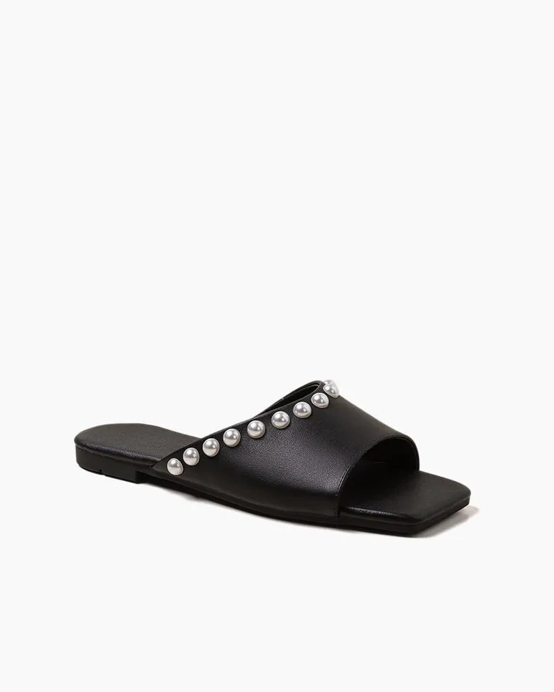 Pearl Embellished Square Toe Flat Slide Sandals sold by Larosa