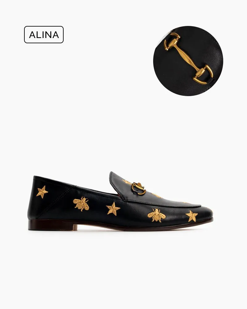 Alina Bee and Star Embroidery Leather Loafers sold by Larosa