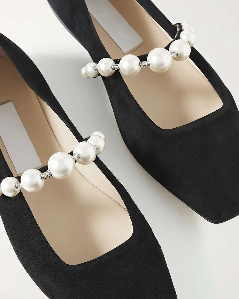 Black Suede Pearl Embellished Strap Mary Jane Flats sold by Larosa product image thumbnail 4