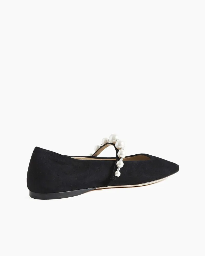 Black Suede Pearl Embellished Strap Mary Jane Flats sold by Larosa product image thumbnail 3