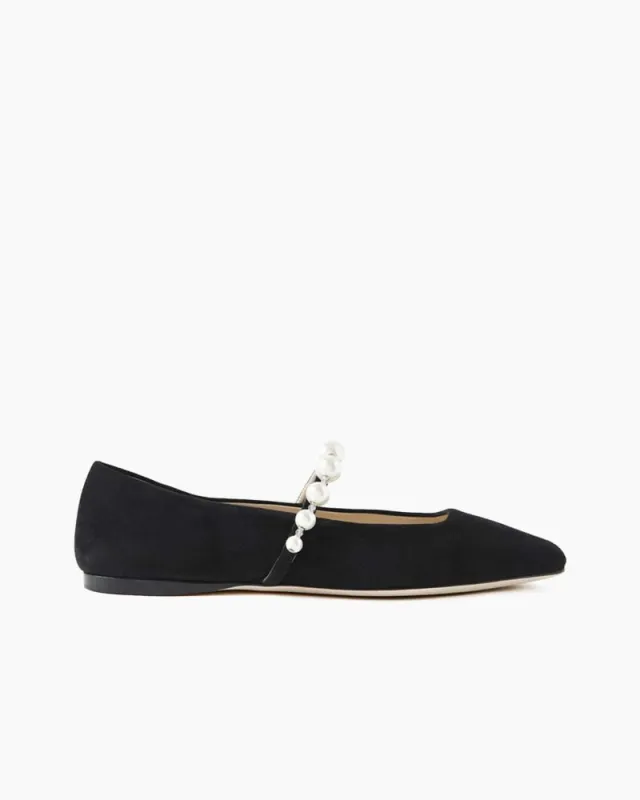 Black Suede Pearl Embellished Strap Mary Jane Flats sold by Larosa