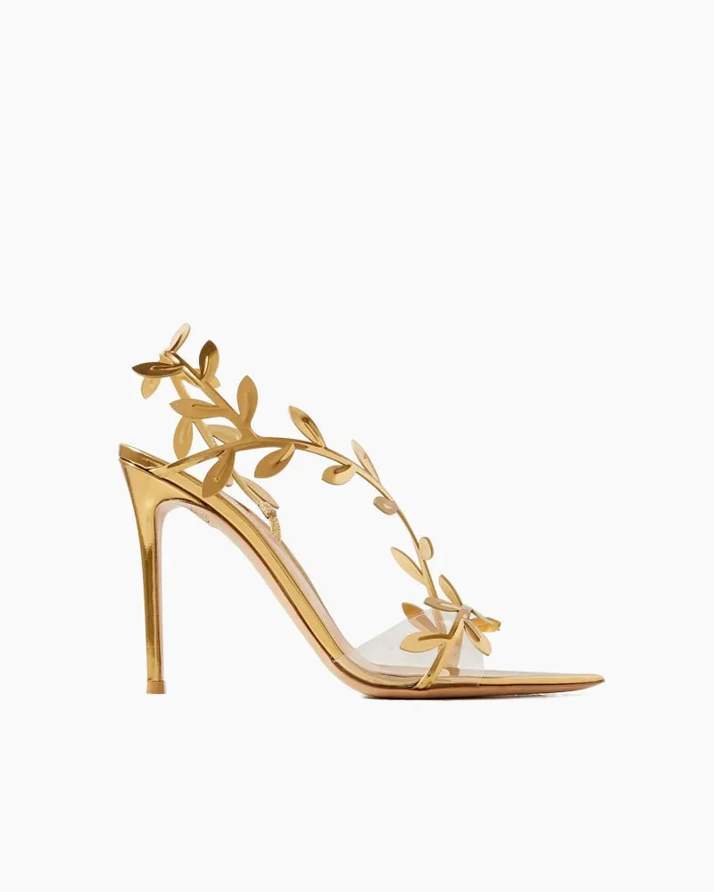 Gold Leaf Stiletto Heels Transparent Straps Sandals sold by Larosa