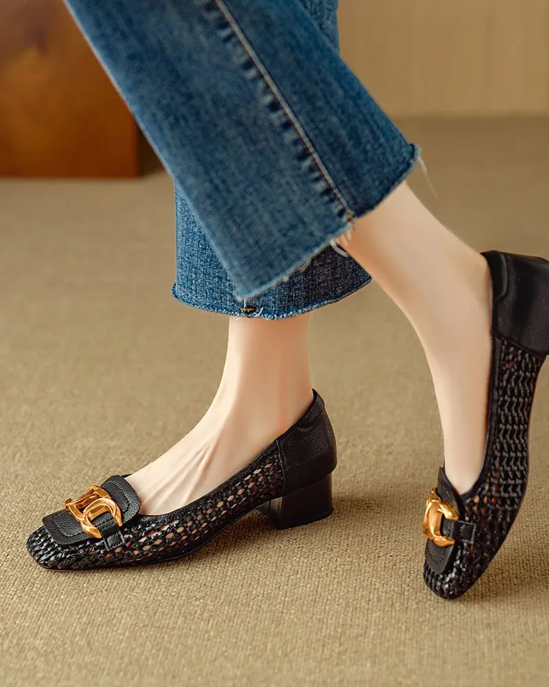 Woven Chic Buckle Comfortable Block Heel Flat Loafers sold by Larosa product image thumbnail 5