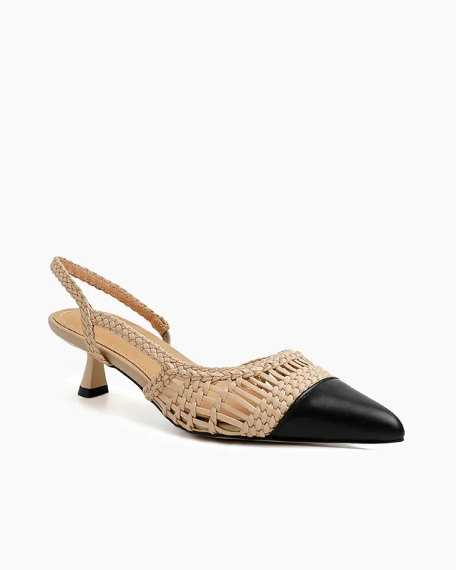 Woven Rattan Mesh Design Slingback Kitten Heel Sandals sold by Larosa