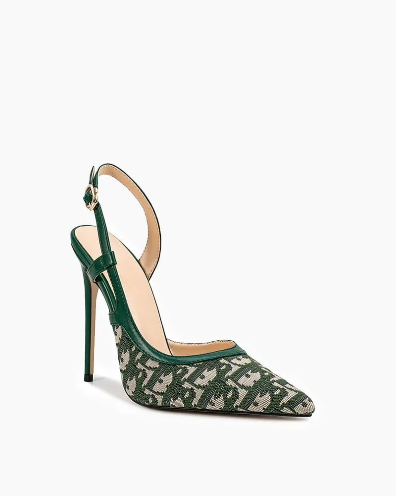 Green Print Pointed Toe Slingback High Heel Pumps sold by Larosa