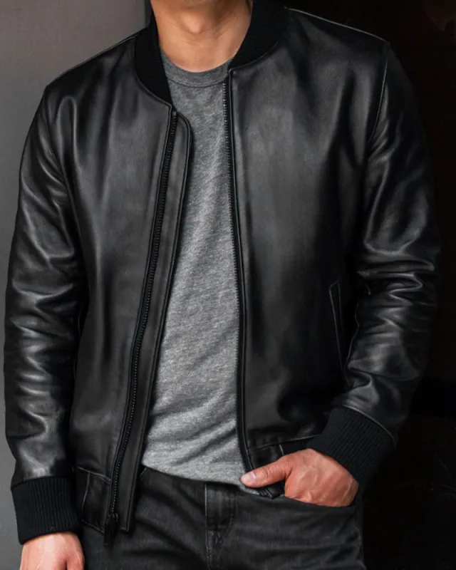 Men's Bomber Leather Crew Neck Jacket sold by Larosa