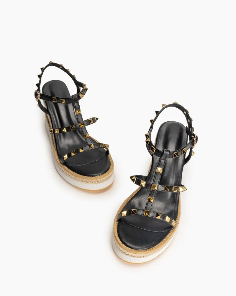 Studded Adjustable Ankle Strap Espadrille Wedges Chunky Platform Sandals sold by Larosa product image thumbnail 2