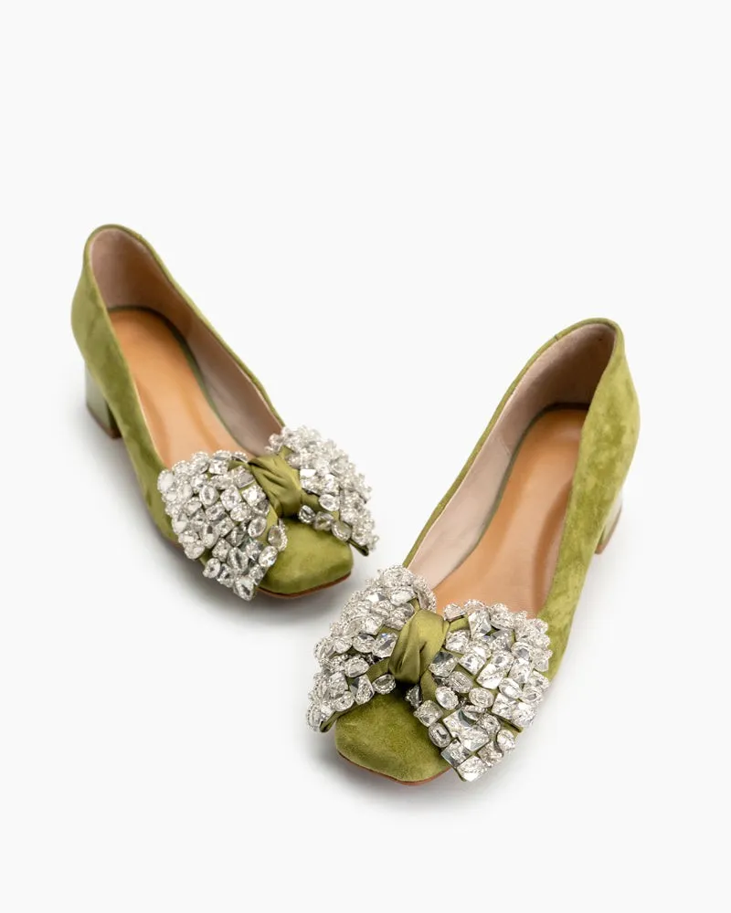 Rhinestone Bow Chunky Low Heels Slip on Comfy Pumps sold by Larosa product image thumbnail 4