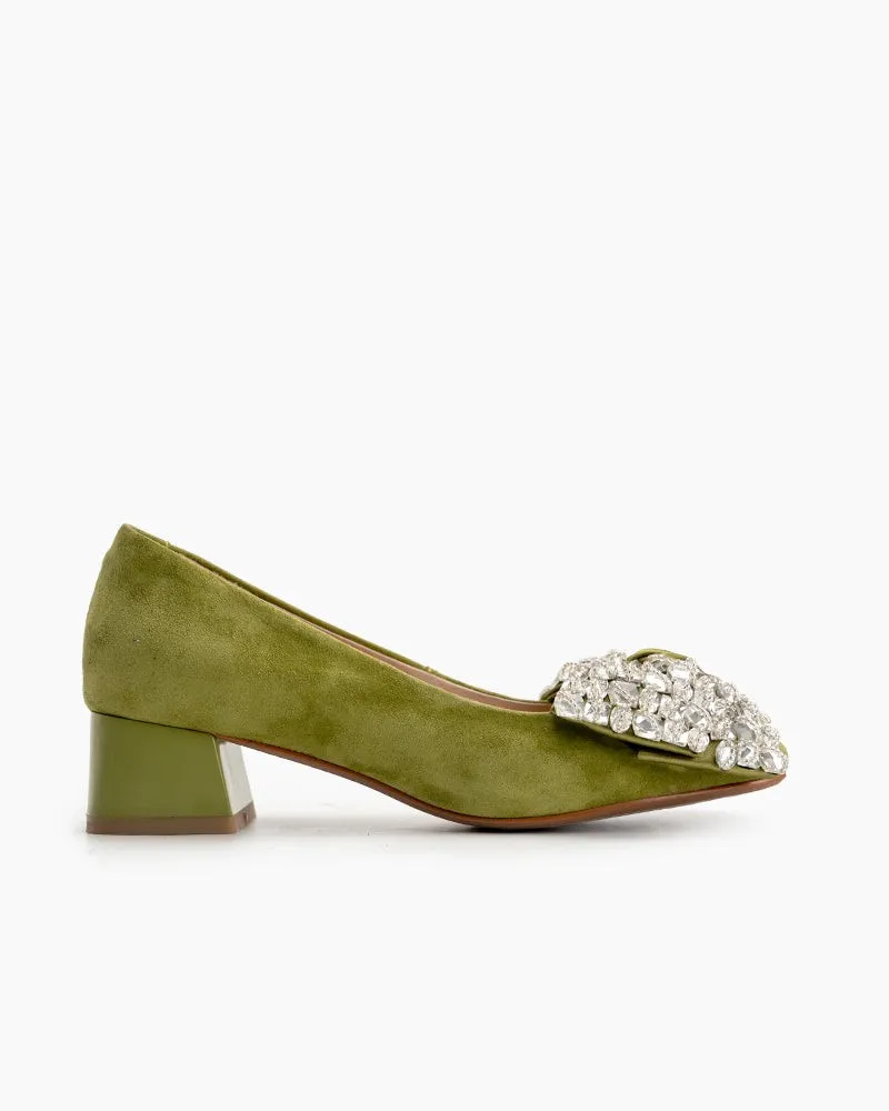 Rhinestone Bow Chunky Low Heels Slip on Comfy Pumps sold by Larosa