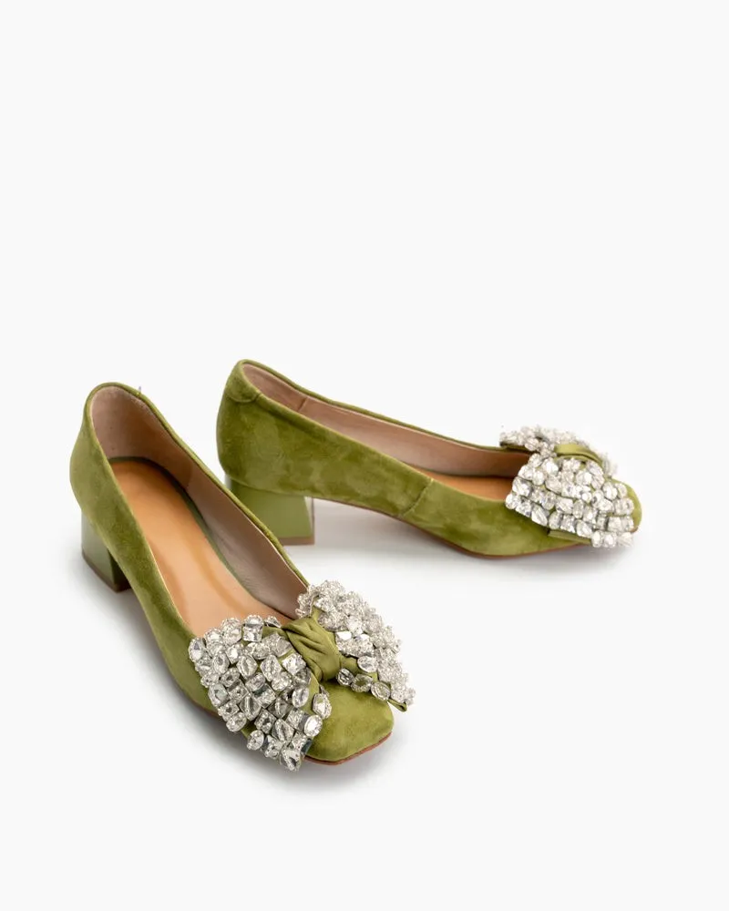 Rhinestone Bow Chunky Low Heels Slip on Comfy Pumps sold by Larosa product image thumbnail 3