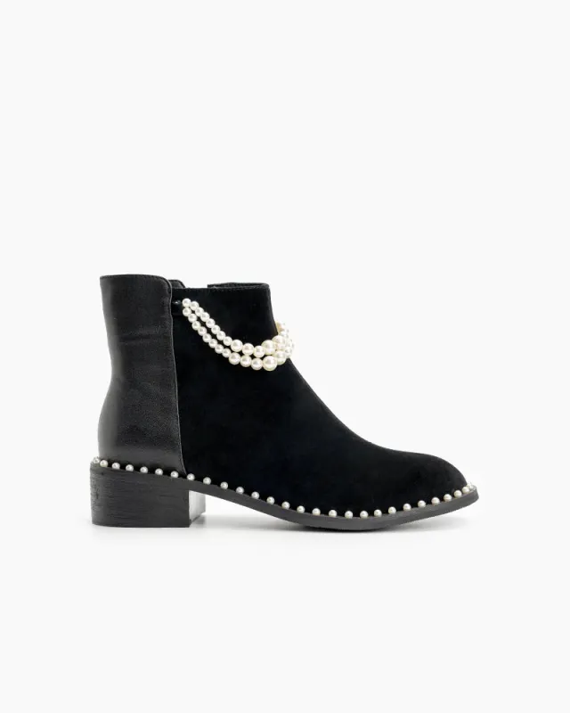 Pearls Chain Round Toe Chunky Heel Ankle Boots sold by Larosa
